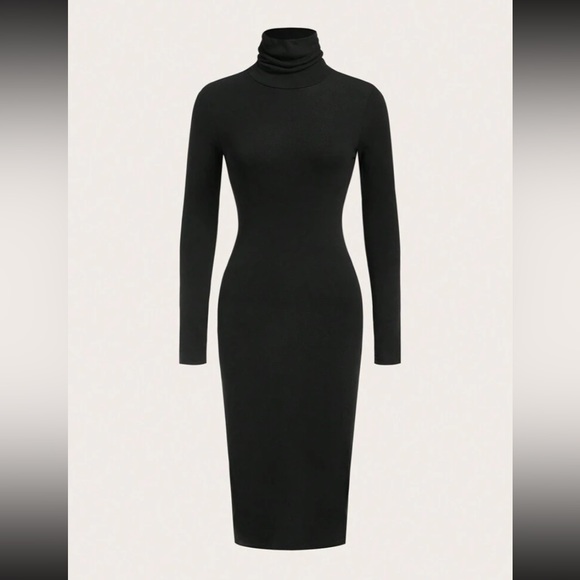 New High Neck Solid Bodycon Dress Black Long Sleeve Below Knee Midi CottonPencil - Picture 3 of 13